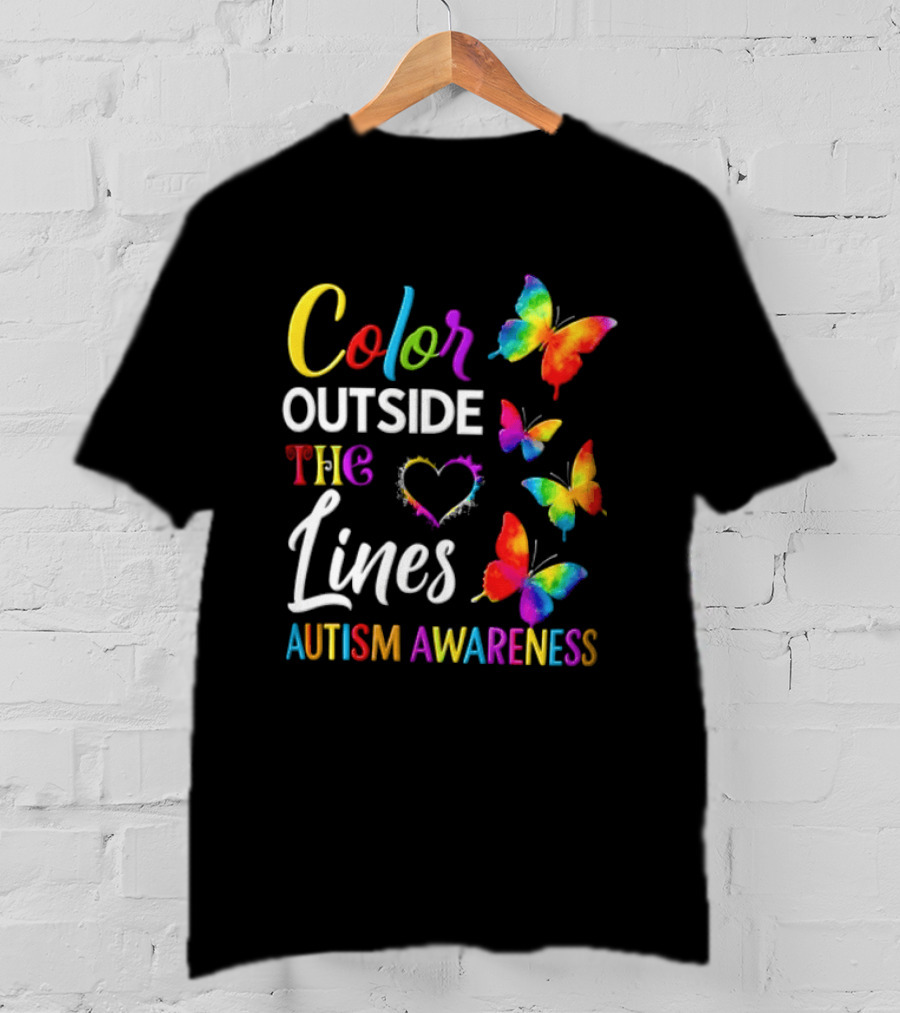 Color Outside The Lines Heart And Butterflies Autism Awareness T-Shirt