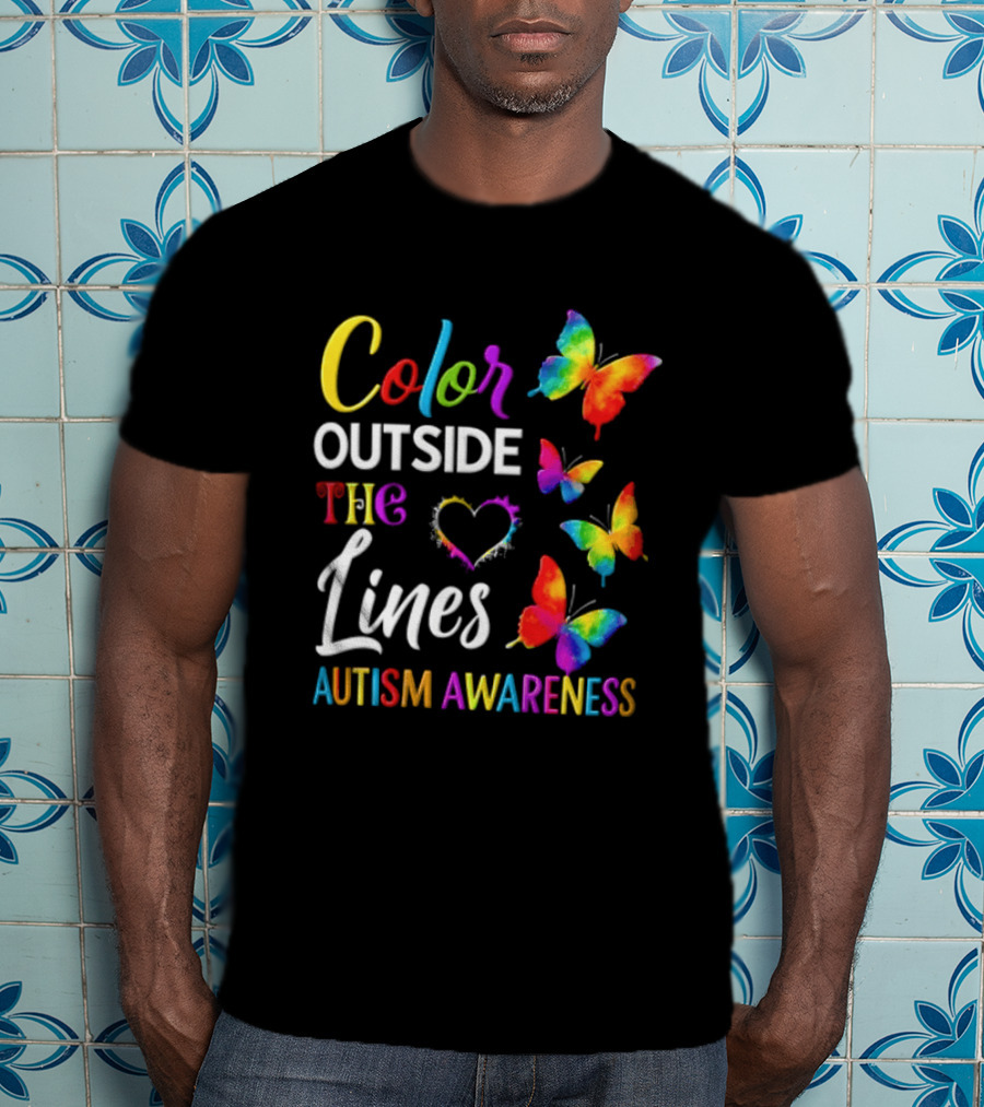 Color Outside The Lines Heart And Butterflies Autism Awareness T-Shirt