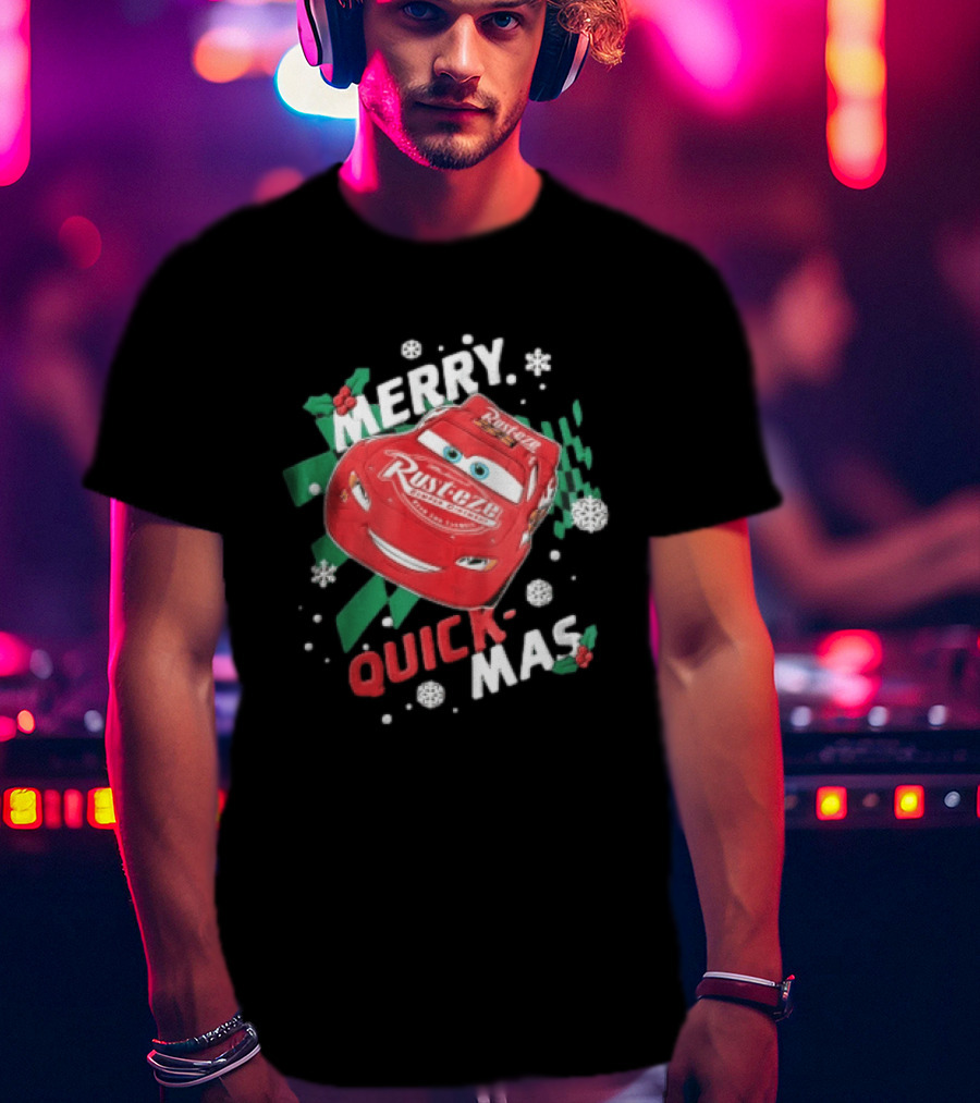 Disney Pixar Cars Lightning McQueen Merry Quick Mas Red Race Car Rust Eze T-Shirt