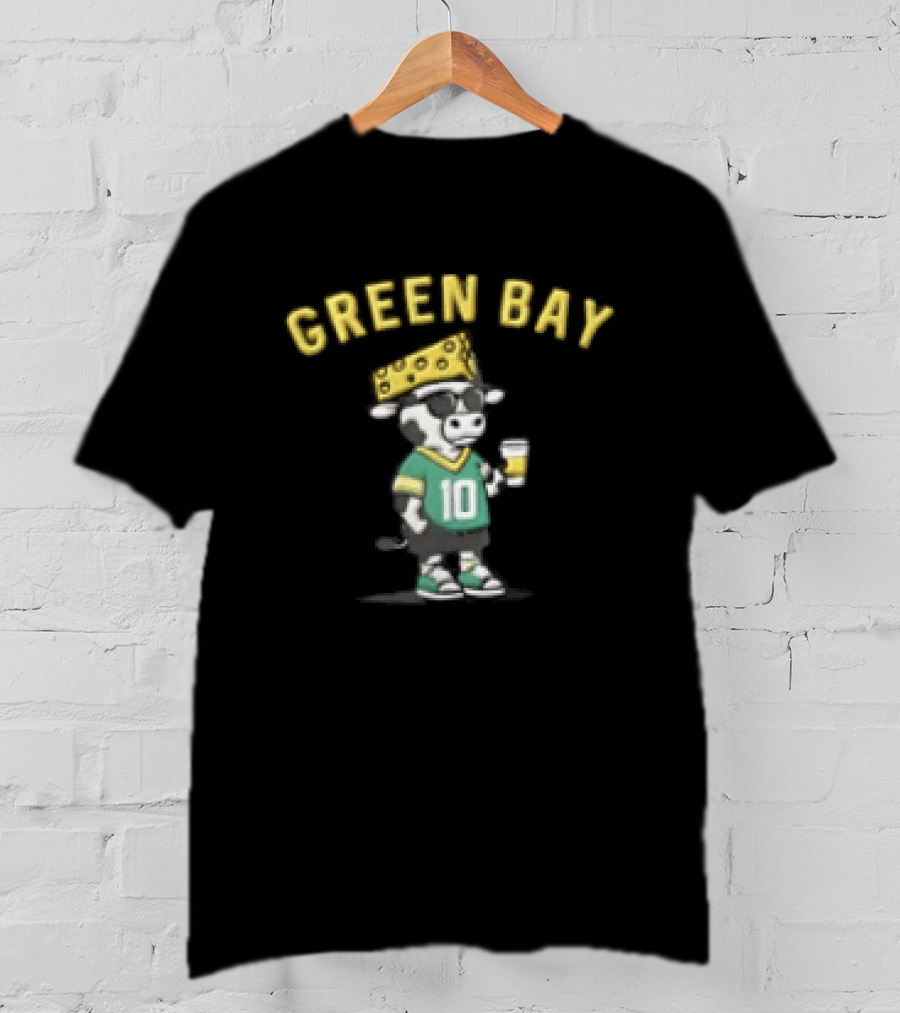 Green Bay Packers Jordan Love Cow Wearing Cheese Hat Sunglasses With Drink T-Shirt