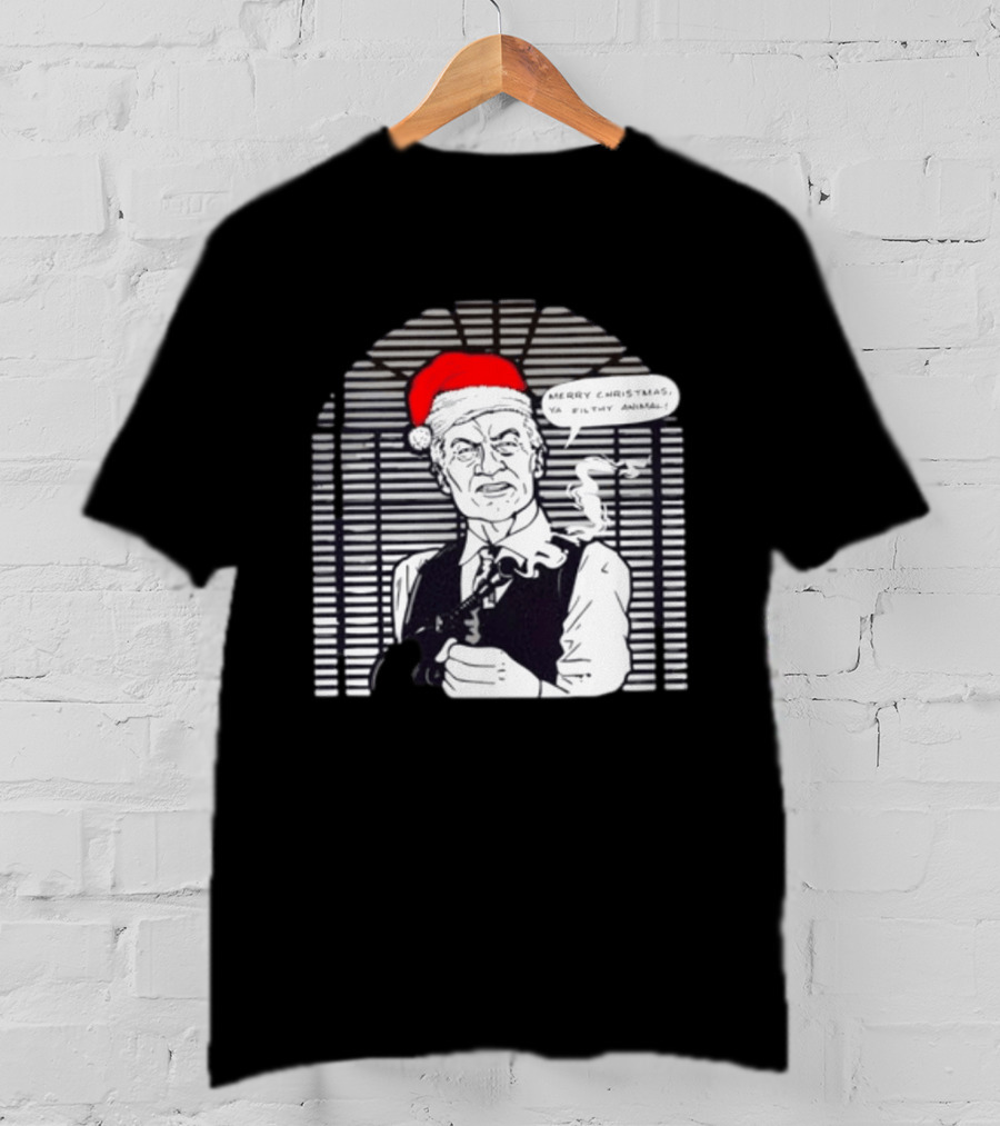 Joe Pesci Merry Christmas Ya Filthy Animal Home Alone Christmas Hat Smoking Gun Scene T-Shirt