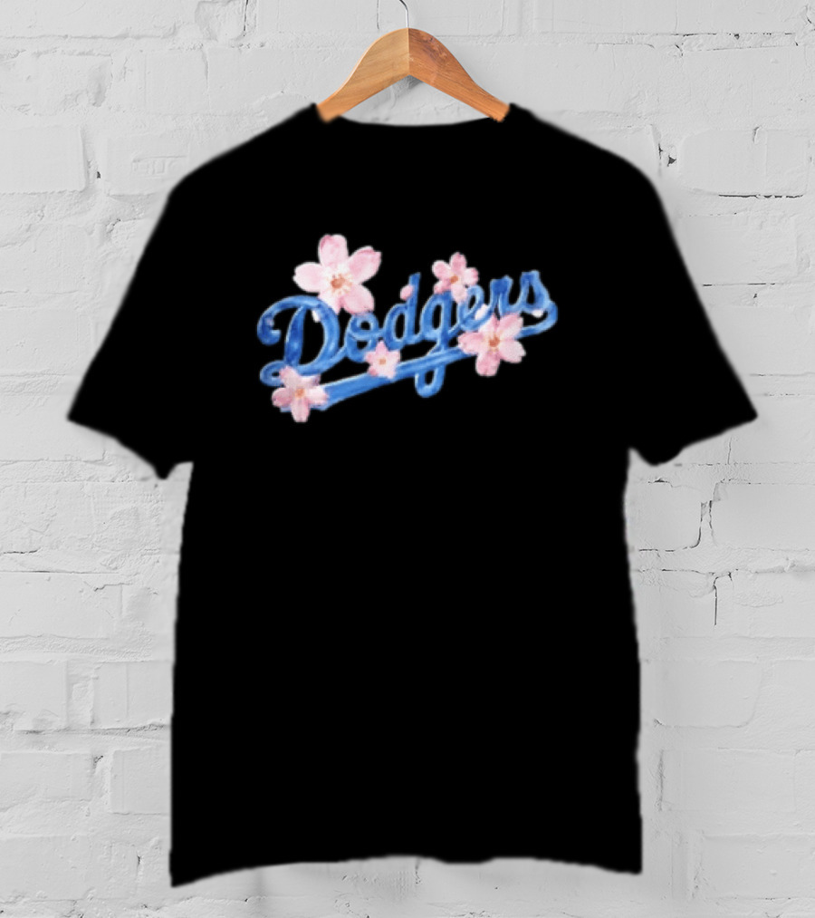 Los Angeles Dodgers Blue Script Pink Flowers T-Shirt