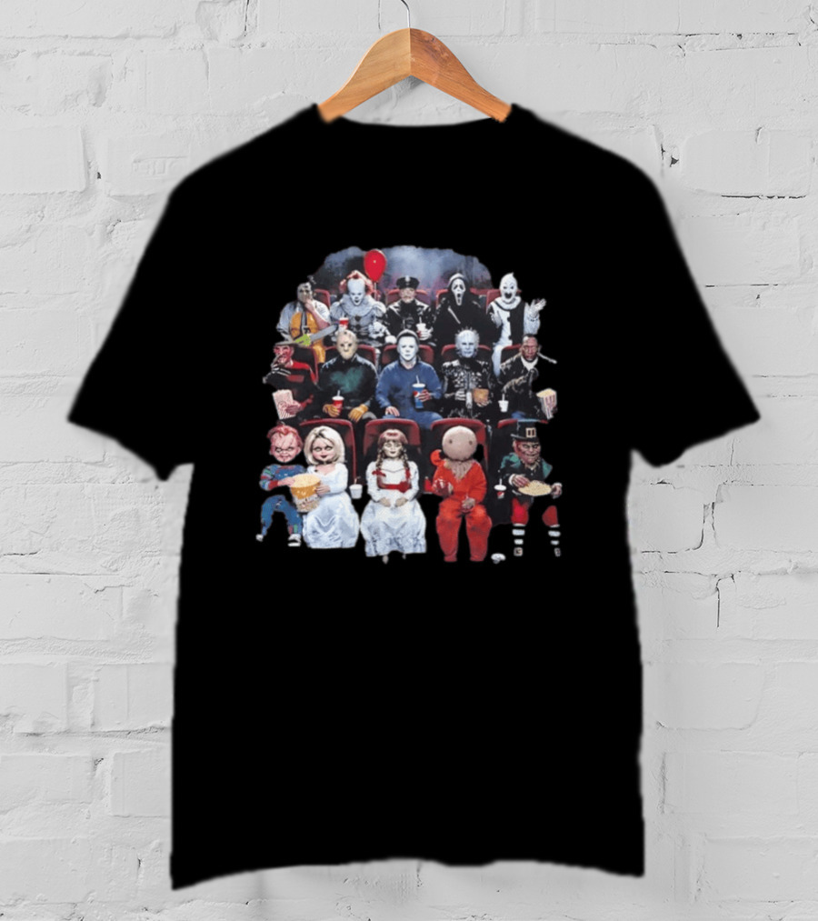 Horror Movie Characters In Cinema Seating With Popcorn And Drinks T-Shirt