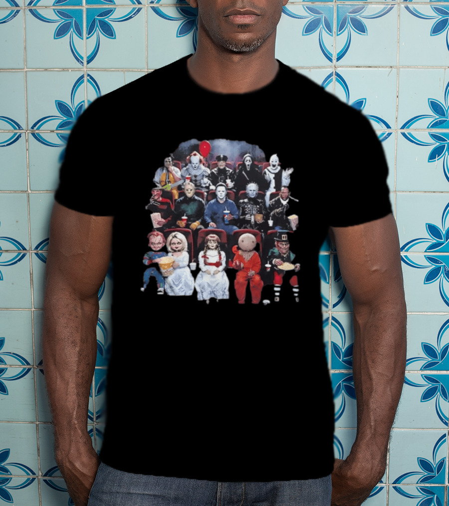 Horror Movie Characters In Cinema Seating With Popcorn And Drinks T-Shirt