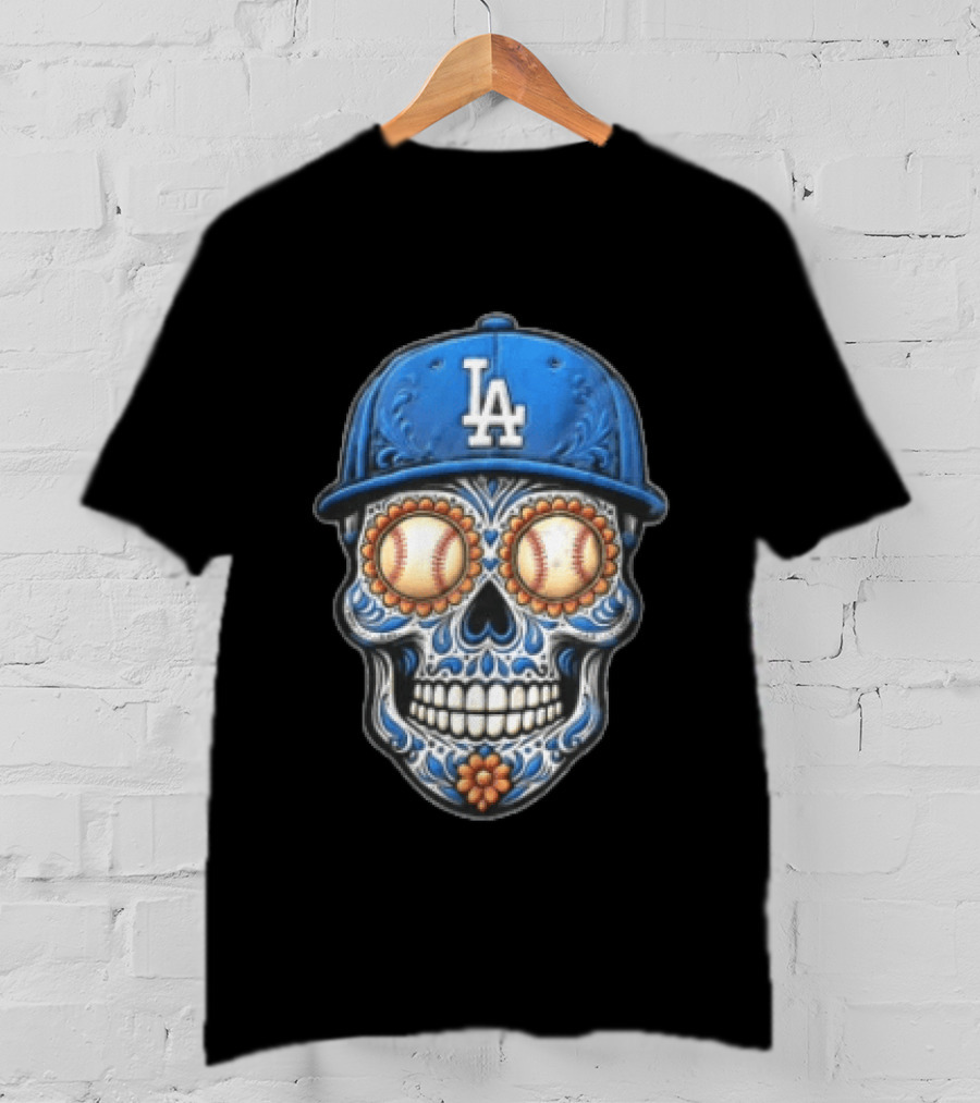 Los Angeles Dodgers Sugar Skull Baseball Eyes Hat MLB Fan Merchandise T-Shirt