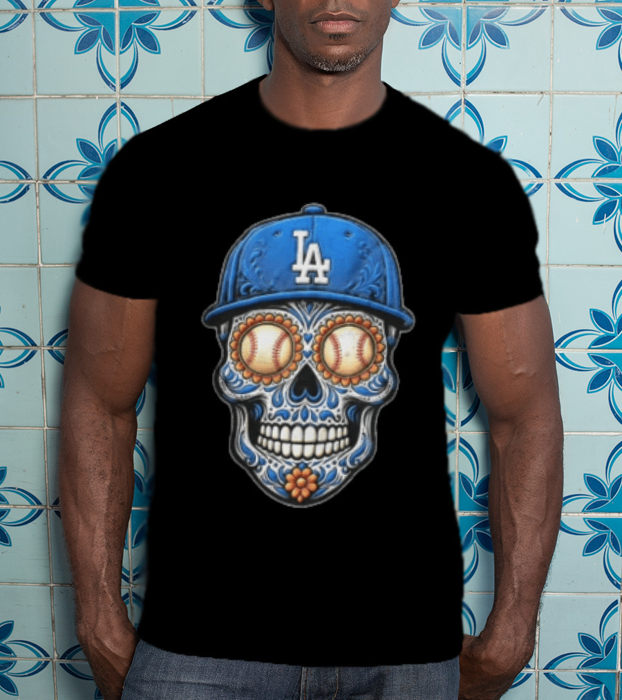 Los Angeles Dodgers Sugar Skull Baseball Eyes Hat MLB Fan Merchandise T-Shirt