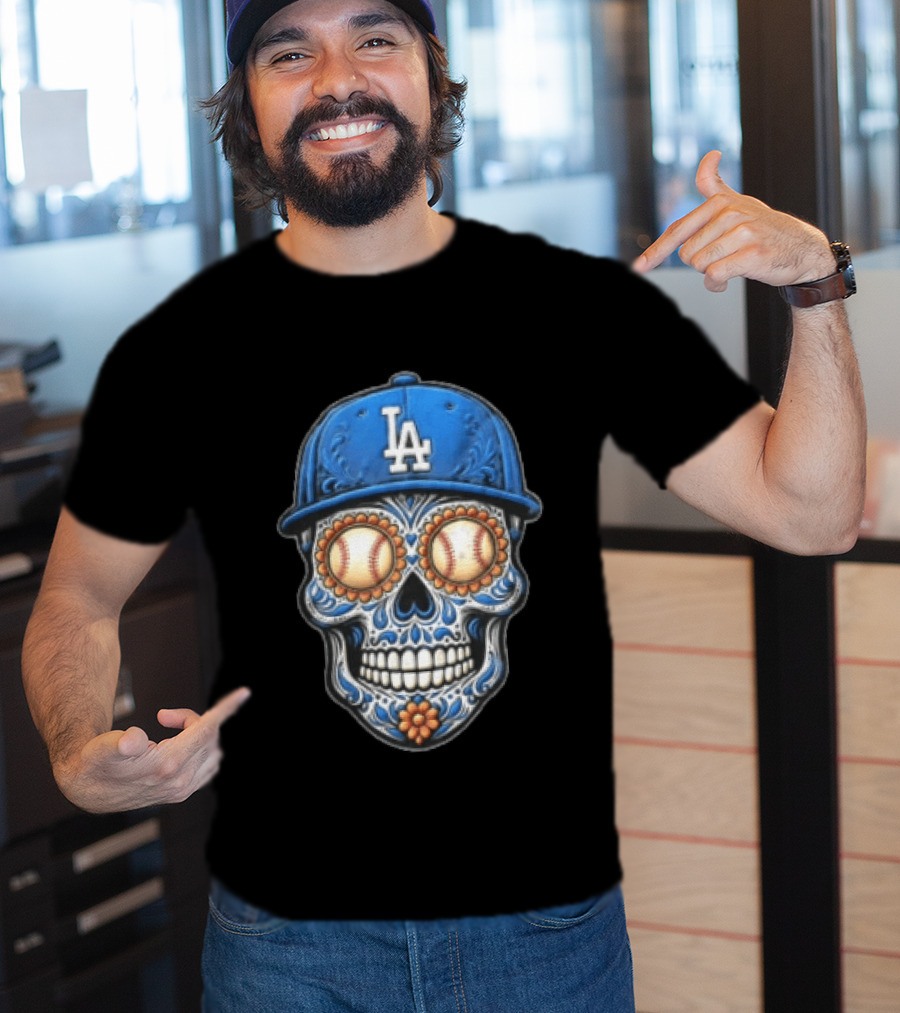 Los Angeles Dodgers Sugar Skull Baseball Eyes Hat MLB Fan Merchandise T-Shirt
