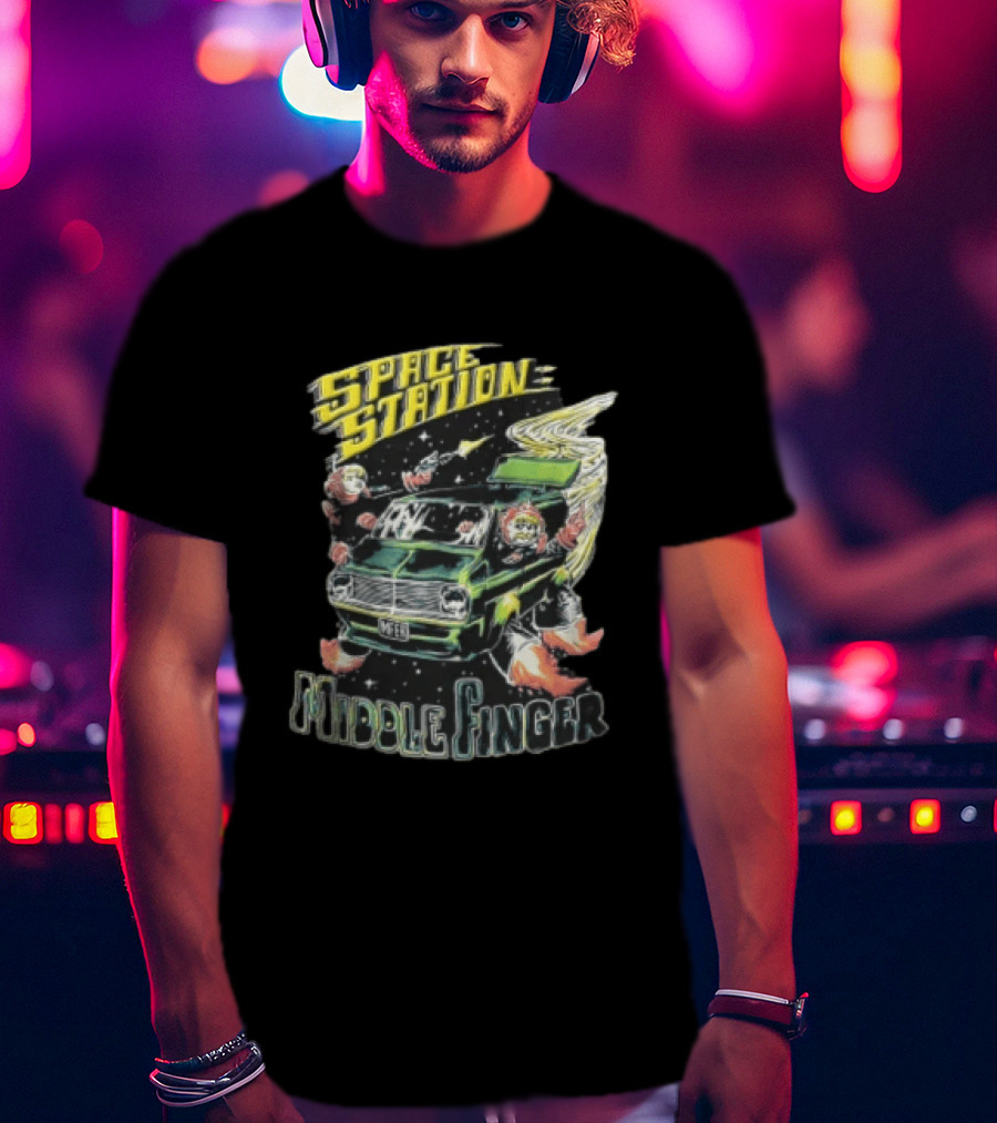 Space Station Middle Finger Astronauts Flying Green Van T-Shirt