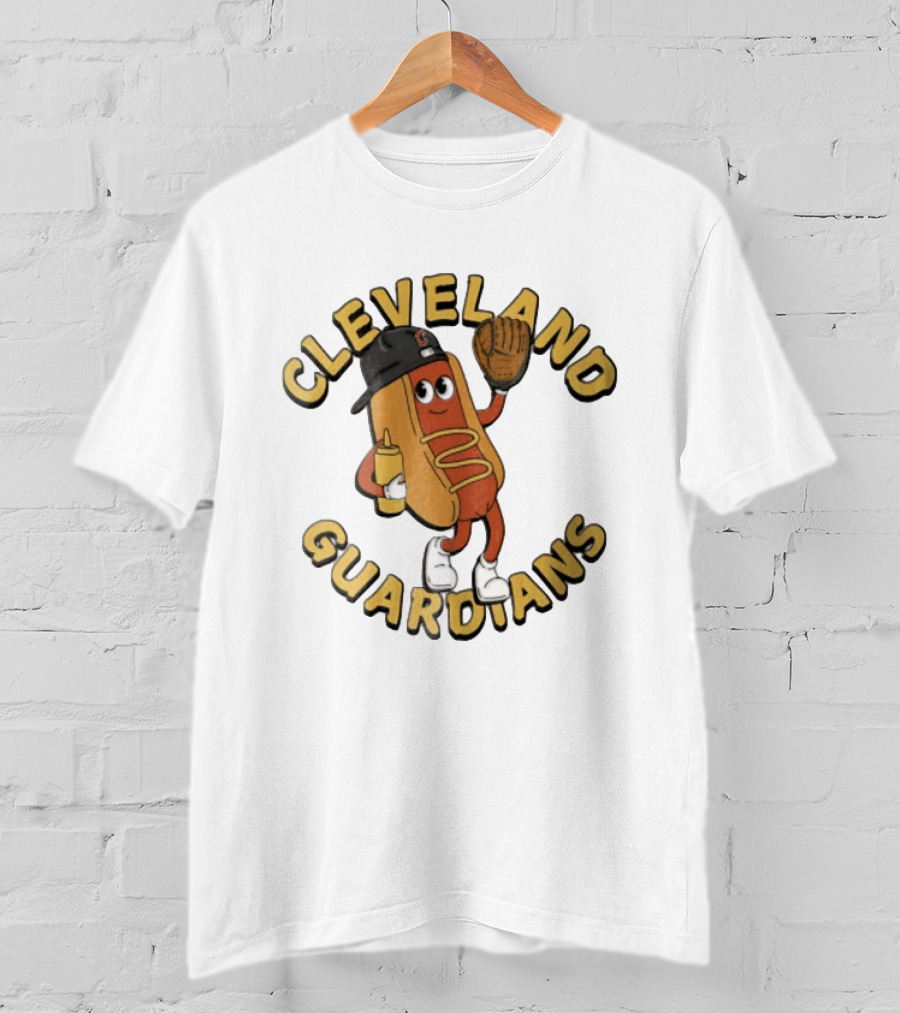 Cleveland Guardians Hot Dog Baseball Mascot Mustard Glove T-Shirt