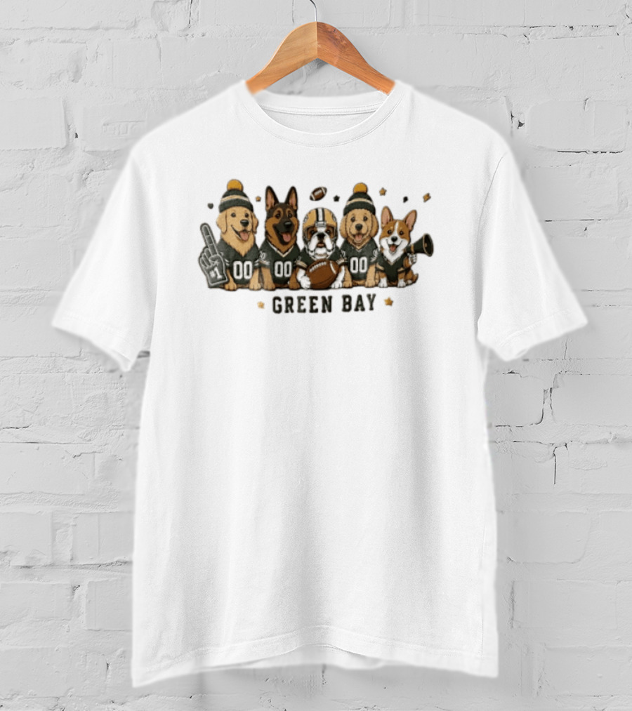 Green Bay Five Dogs In Jerseys With Football Packers Fan Gear T-Shirt