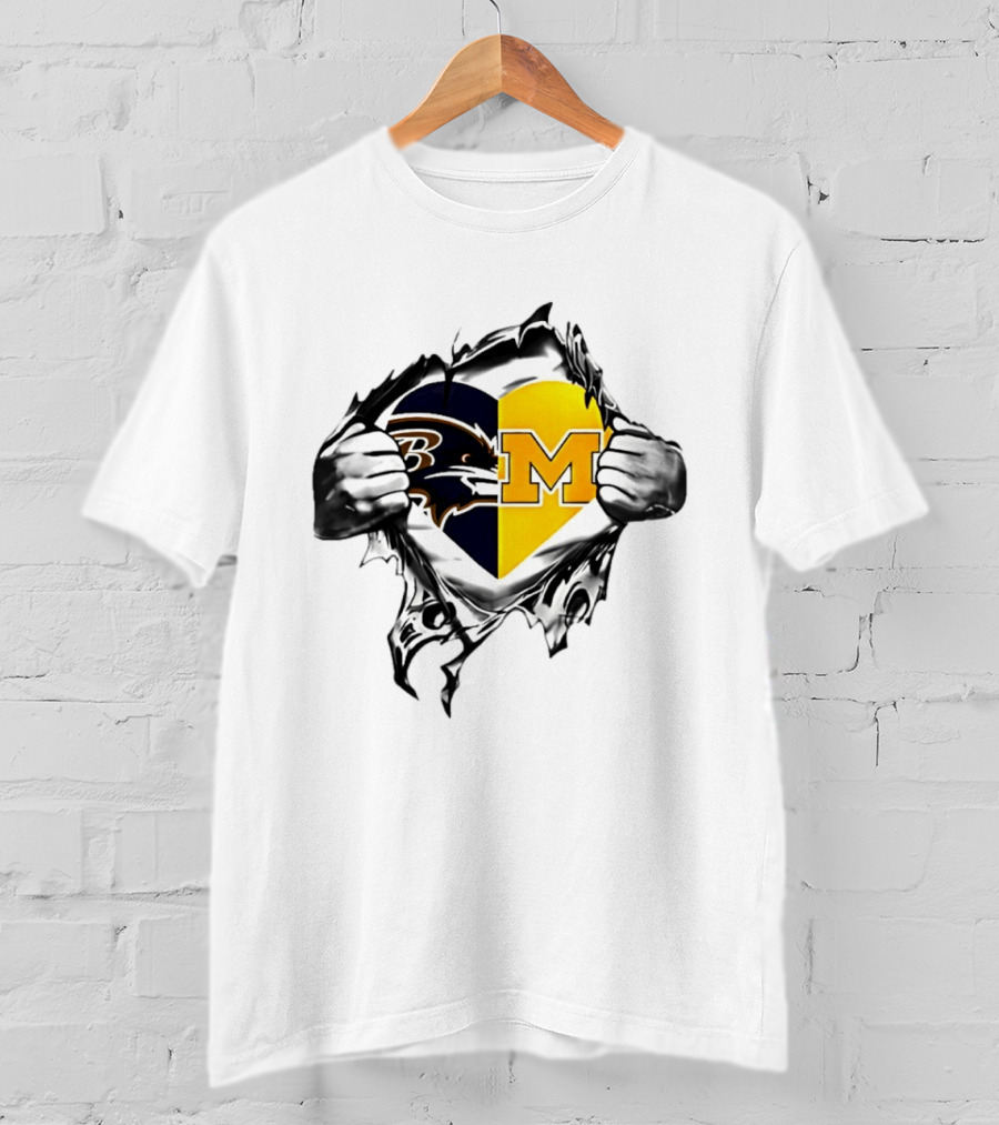 Ravens Michigan Heart Rips Open Chest Men's Double Loyalty Football Fan Gear T-Shirt