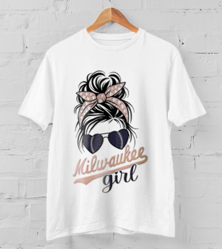 Milwaukee Girl Messy Bun Baseball Headband Sunglasses T-Shirt