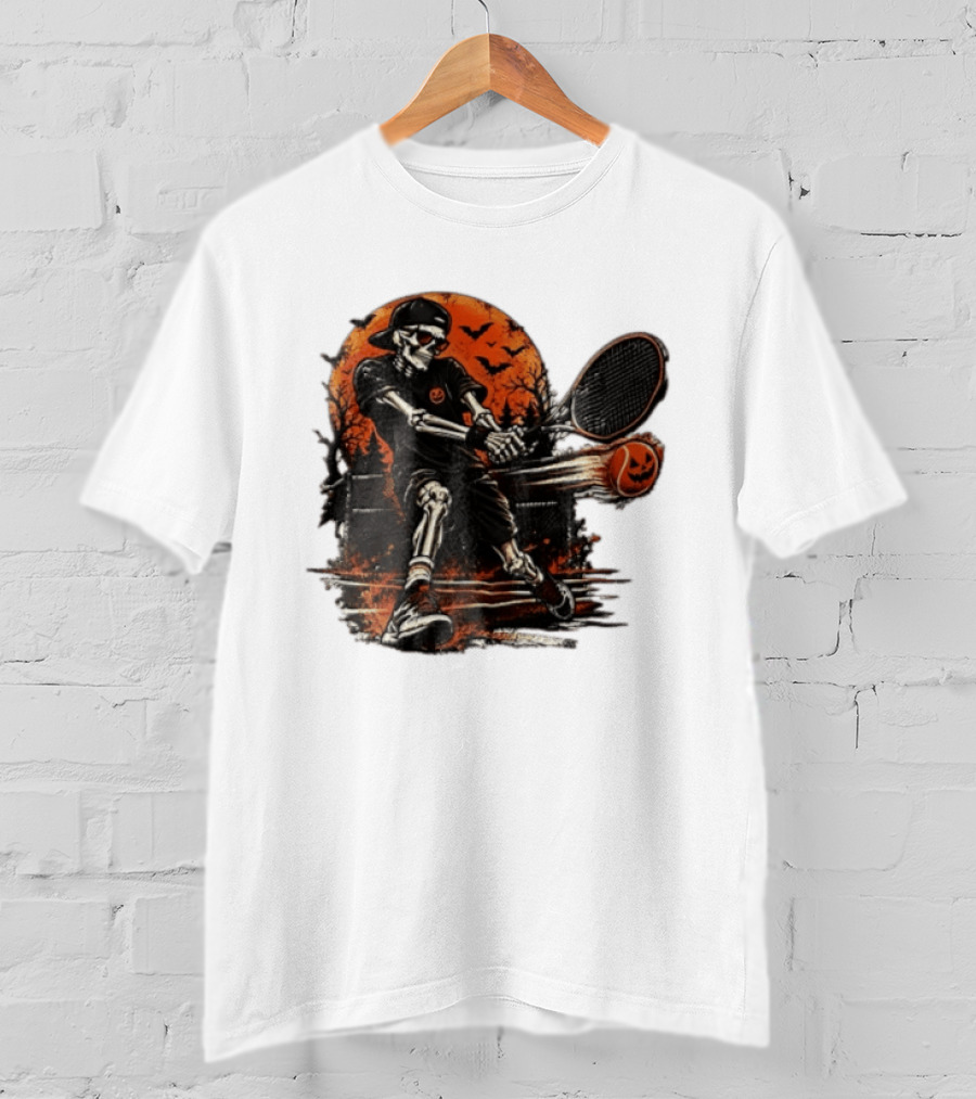 Halloween Skeleton Tennis Player With Pumpkin Ball And Full Moon T-Shirt