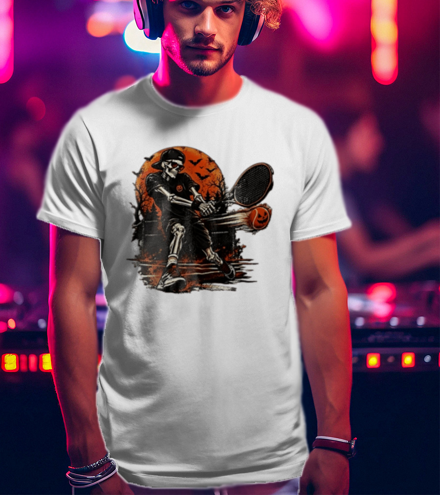 Halloween Skeleton Tennis Player With Pumpkin Ball And Full Moon T-Shirt