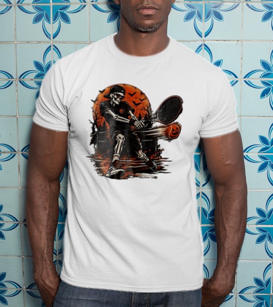 Halloween Skeleton Tennis Player With Pumpkin Ball And Full Moon T-Shirt