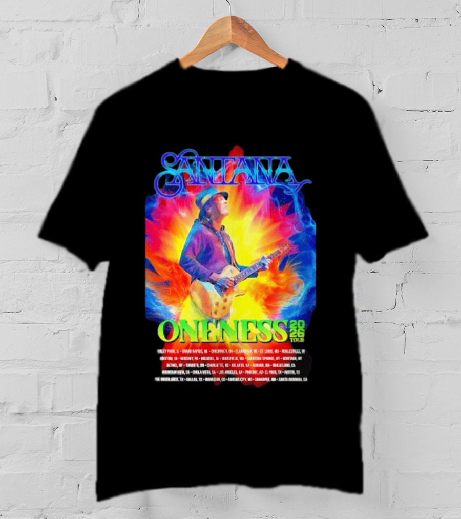 Santana Oneness 2026 Tour Carlos Santana Fire And Ice Tinley Park IL To Santa Barbara CA T-Shirt