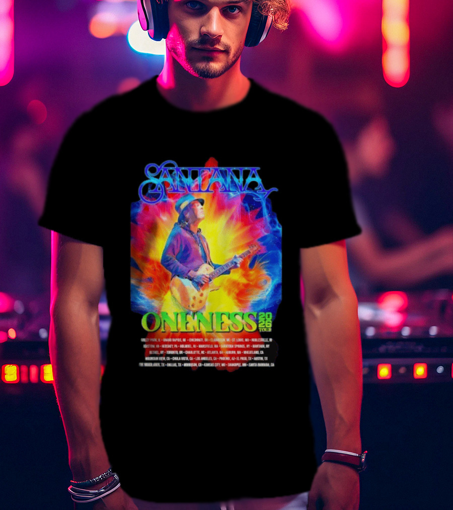 Santana Oneness 2026 Tour Carlos Santana Fire And Ice Tinley Park IL To Santa Barbara CA T-Shirt