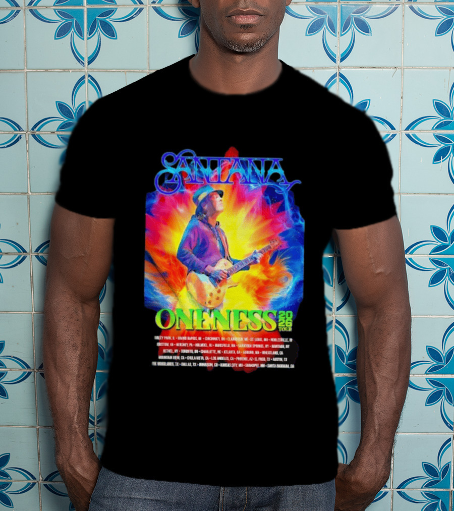 Santana Oneness 2026 Tour Carlos Santana Fire And Ice Tinley Park IL To Santa Barbara CA T-Shirt