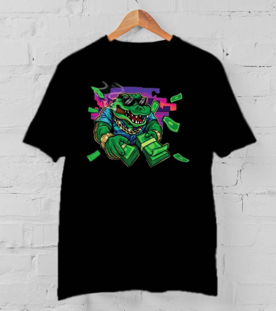 The Wynwood Walls Store Gons Audet Vice City Stylish Cigar Smoking Alligator With Sunglasses And Money T-Shirt