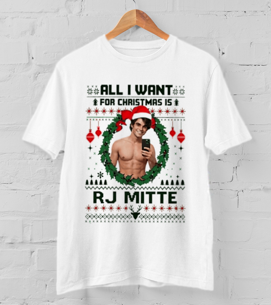 All I Want For Christmas Is RJ Mitte Ugly 2026 Santa Hat Wreath T-Shirt