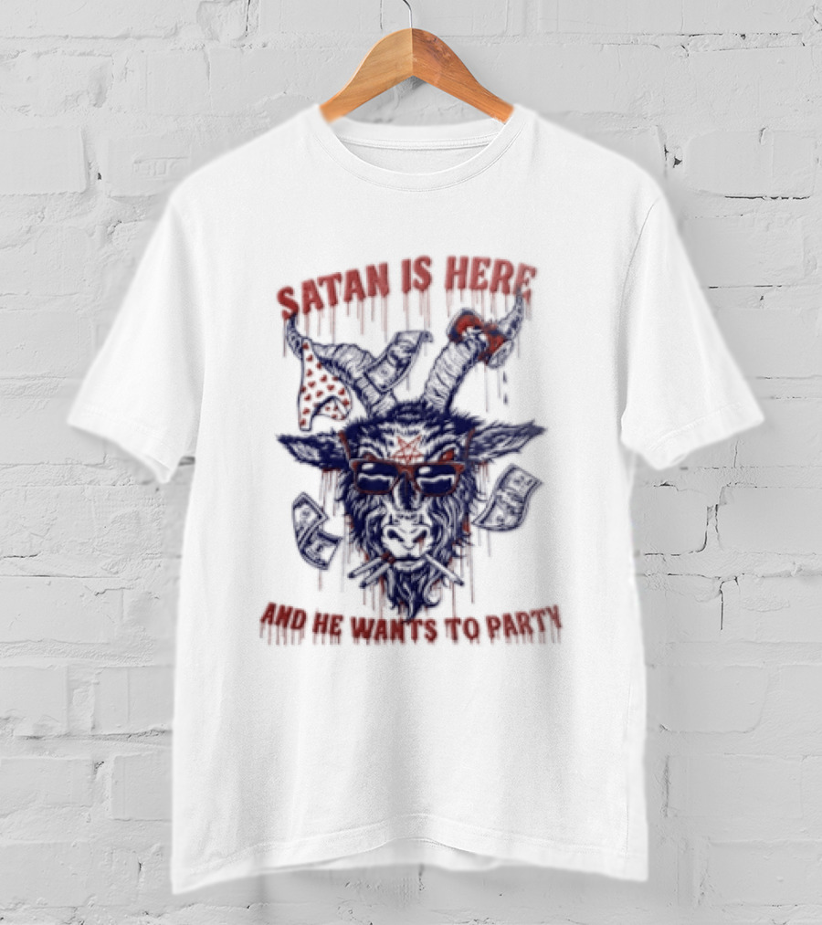 Satan Is Here And He Wants To Party Dripping Evil Goat Mask T-Shirt