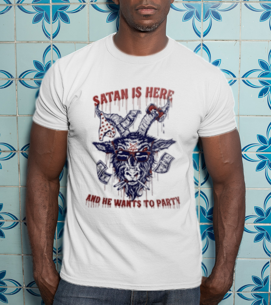 Satan Is Here And He Wants To Party Dripping Evil Goat Mask T-Shirt