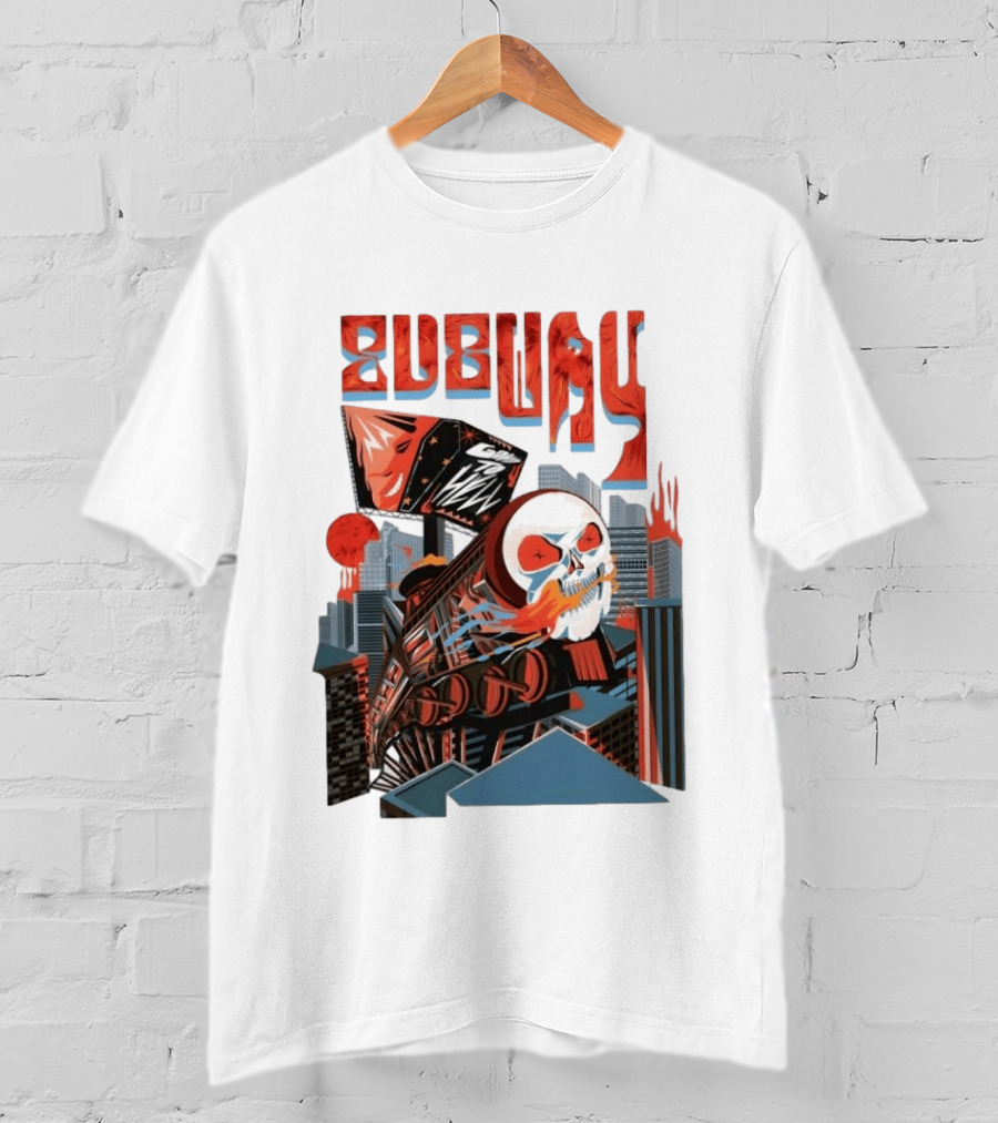 Subway Goes To Hell Skull Train Surreal Cityscape T-Shirt