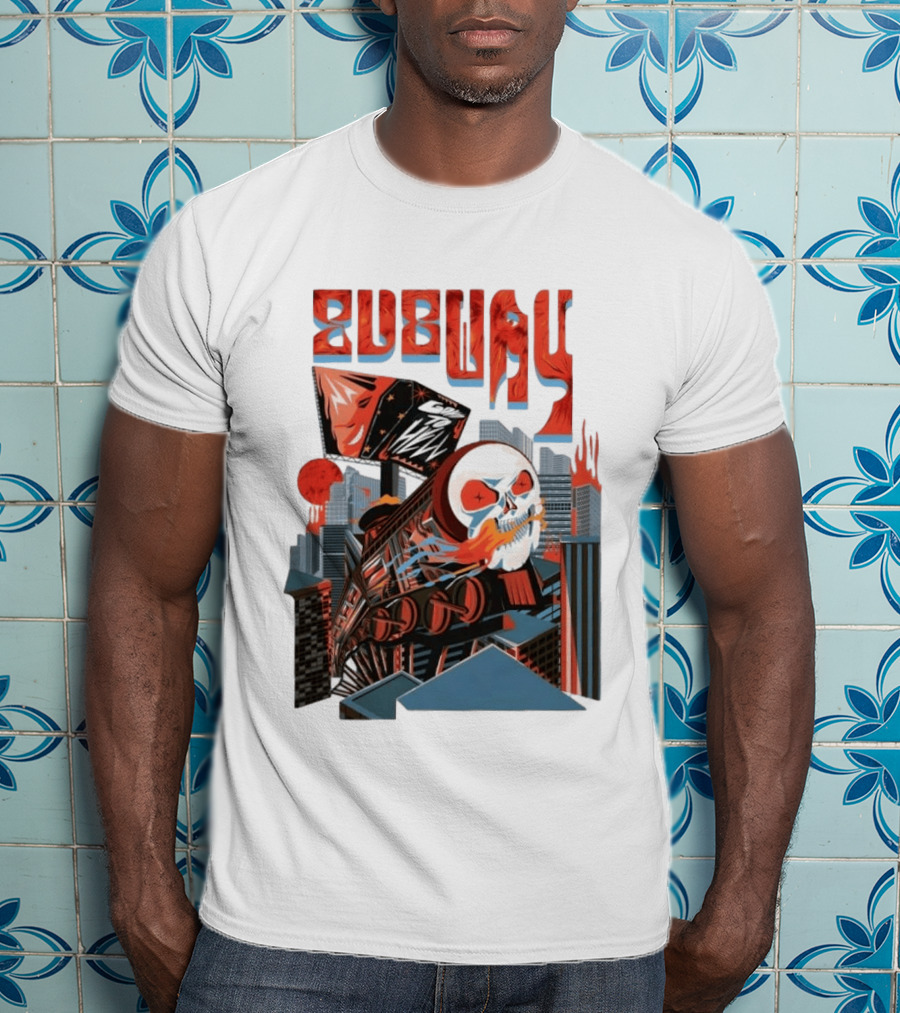 Subway Goes To Hell Skull Train Surreal Cityscape T-Shirt