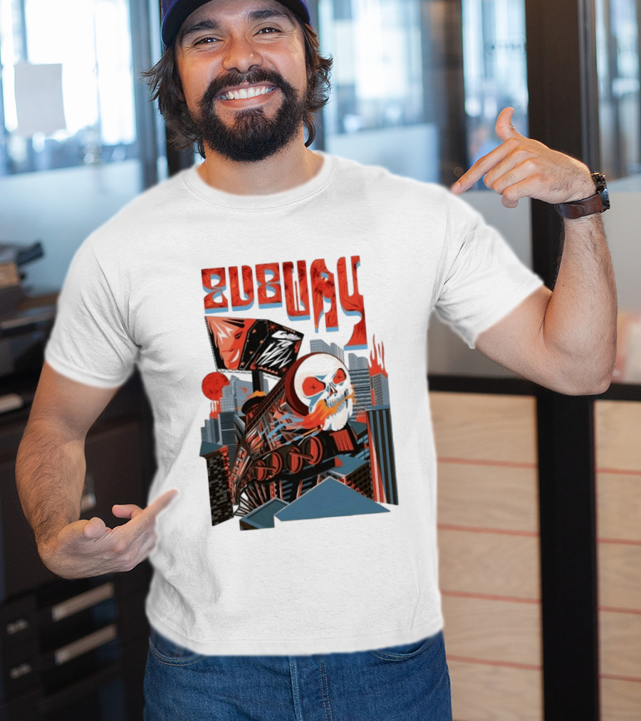 Subway Goes To Hell Skull Train Surreal Cityscape T-Shirt