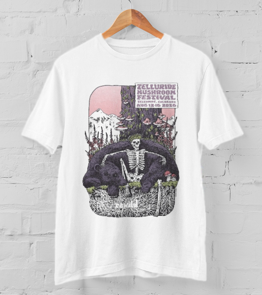 Telluride Mushroom Festival August 12 16 2026 Colorado Skeleton Bear Mountain Scene T-Shirt