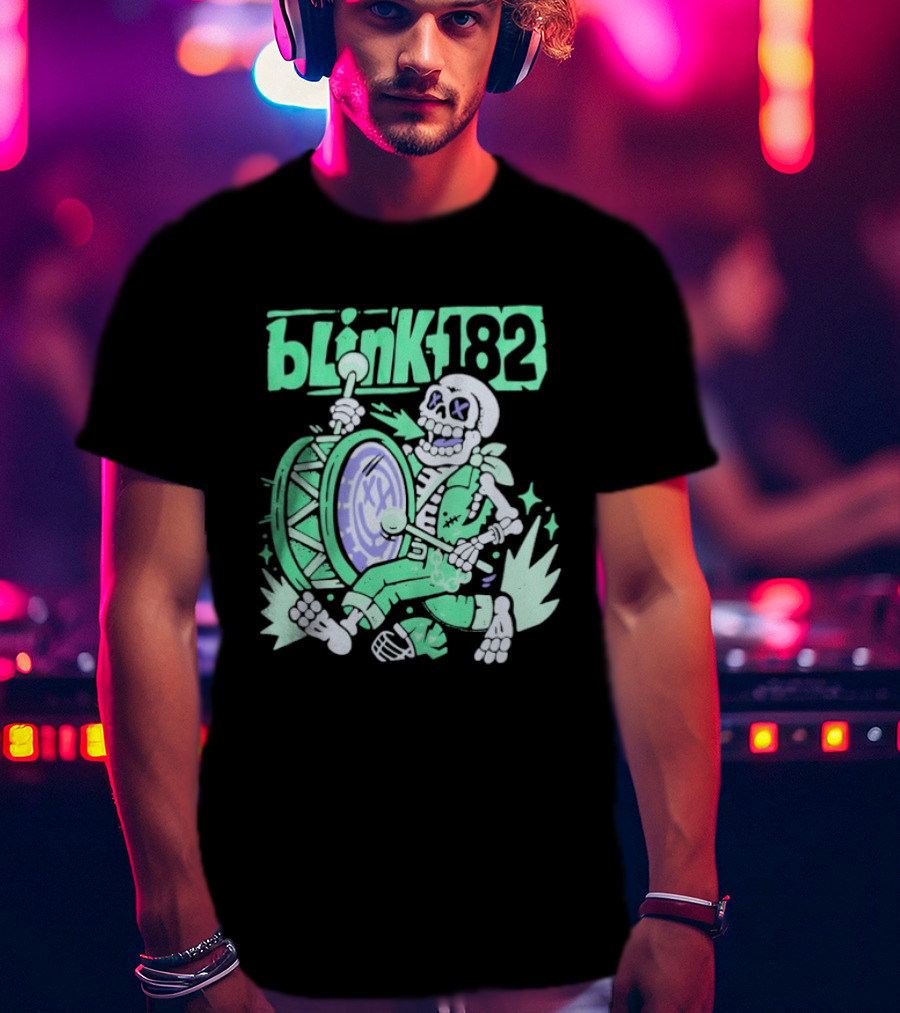 Blink 182 Skeleton Drum Art With Playful Percussion T-Shirt