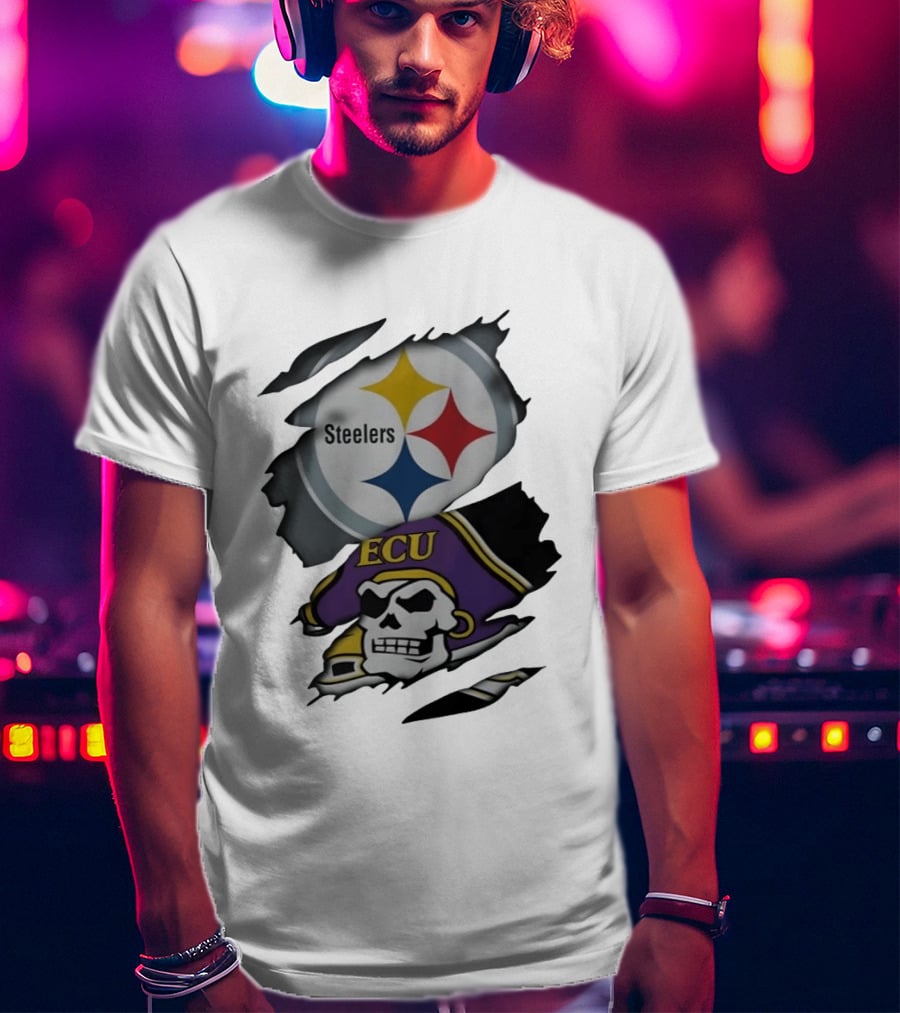 Pittsburgh Steelers And ECU Pirates Ripped T-Shirt