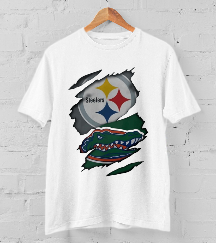 Pittsburgh Steelers Florida Gators Ripped Skin Effect Logos T-Shirt