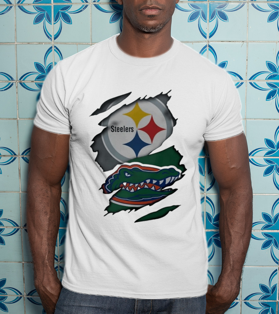 Pittsburgh Steelers Florida Gators Ripped Skin Effect Logos T-Shirt