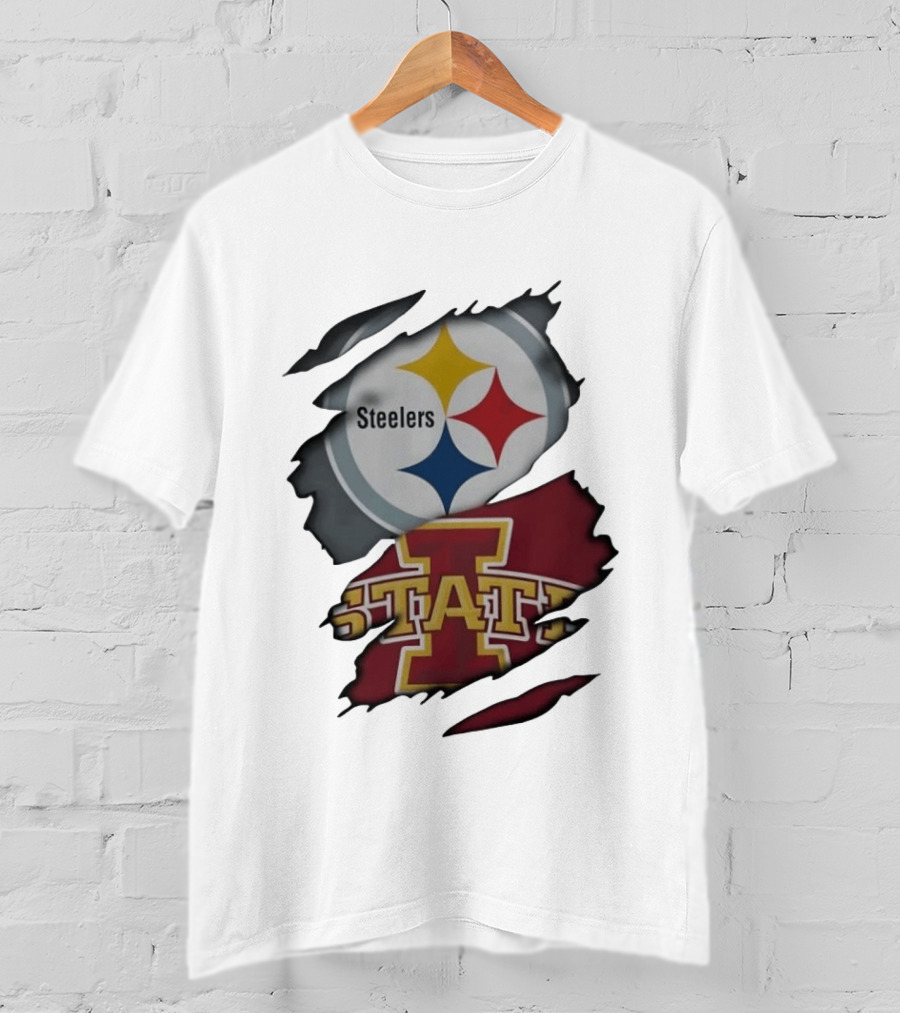 Pittsburgh Steelers Iowa State Cyclones Ripped Fabric Football Fandom Fusion T-Shirt