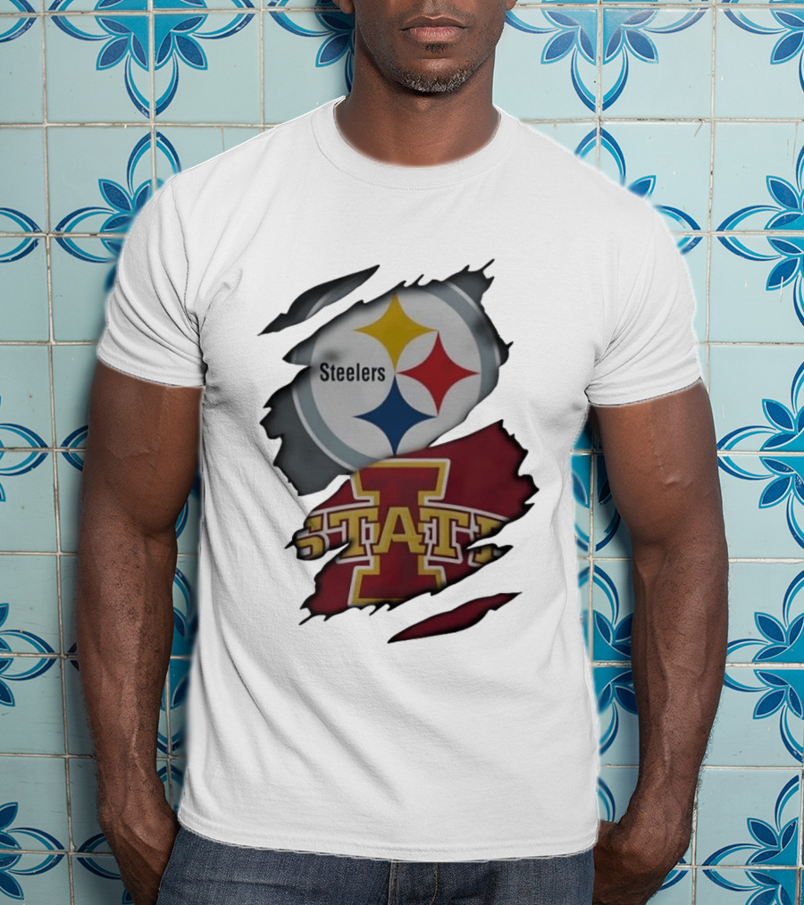 Pittsburgh Steelers Iowa State Cyclones Ripped Fabric Football Fandom Fusion T-Shirt