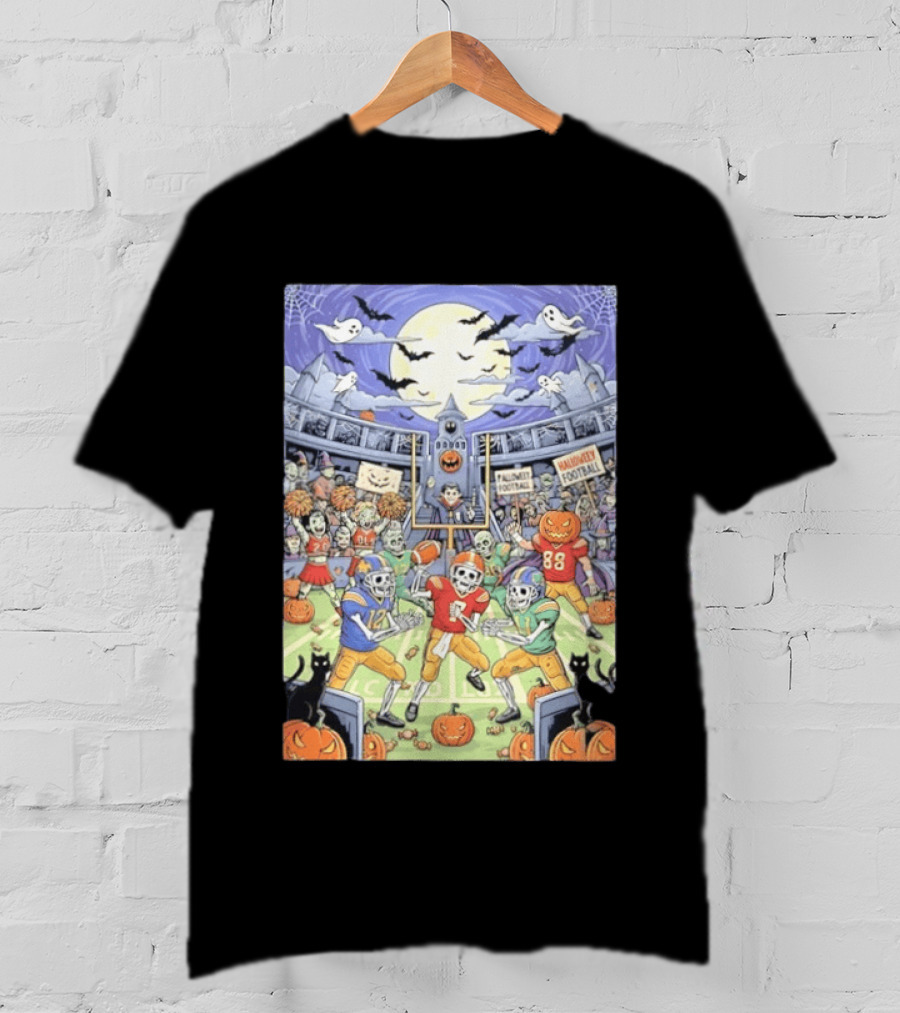 American Football Skeleton Players Halloween Spooky Stadium Night Pumpkins Ghosts Bats T-Shirt