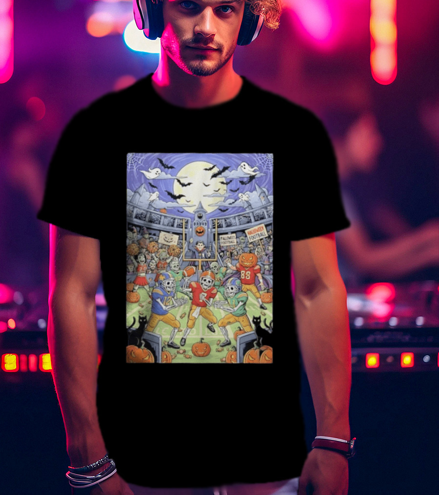 American Football Skeleton Players Halloween Spooky Stadium Night Pumpkins Ghosts Bats T-Shirt