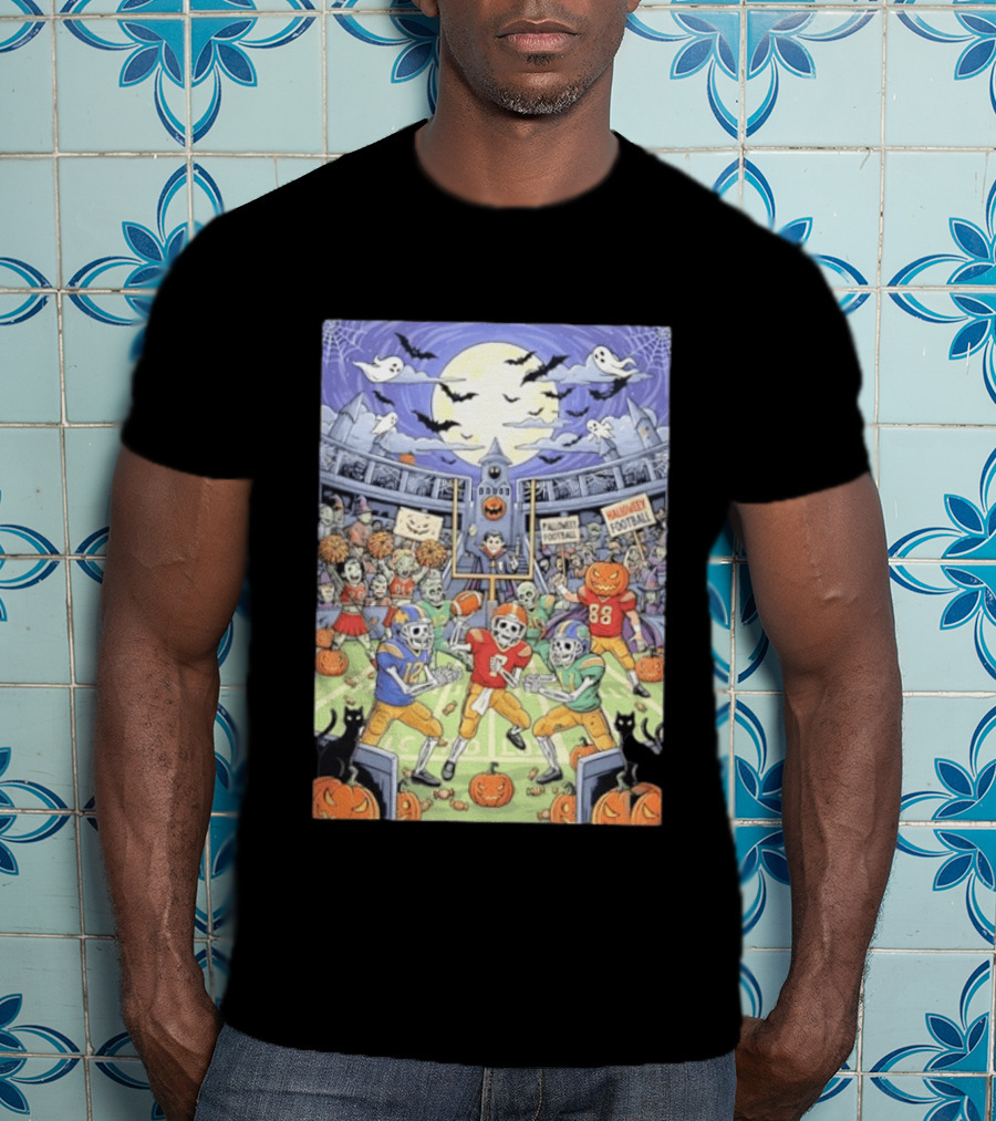 American Football Skeleton Players Halloween Spooky Stadium Night Pumpkins Ghosts Bats T-Shirt