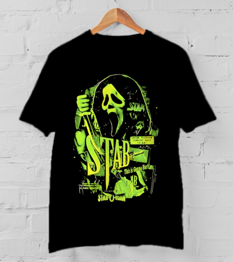 Ghostface Stab O Vision Horror Movie Mask Knife Graphic Neon T-Shirt