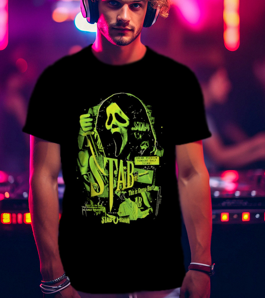 Ghostface Stab O Vision Horror Movie Mask Knife Graphic Neon T-Shirt