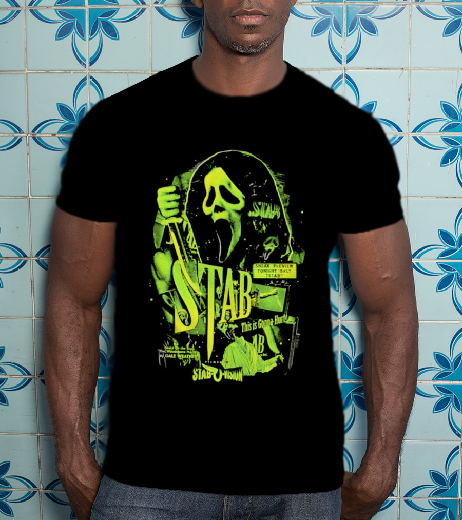 Ghostface Stab O Vision Horror Movie Mask Knife Graphic Neon T-Shirt