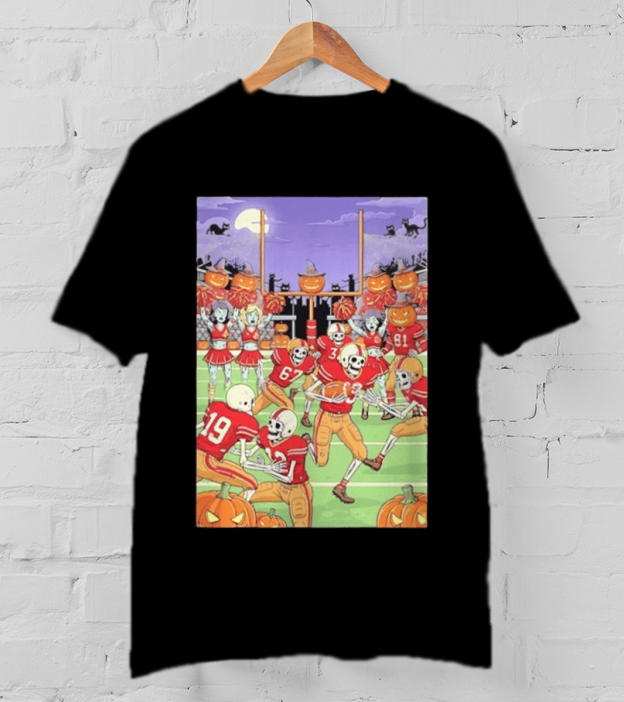 San Francisco 49ers Skeleton Football Halloween Pumpkin Cheerleaders Moon Cats T-Shirt