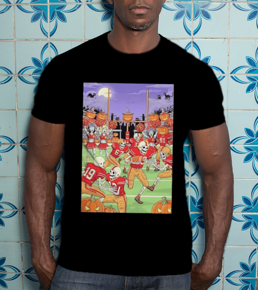 San Francisco 49ers Skeleton Football Halloween Pumpkin Cheerleaders Moon Cats T-Shirt