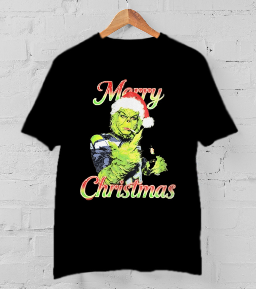 Merry Christmas Seattle Seahawks Grinch Beer Middle Finger T-Shirt