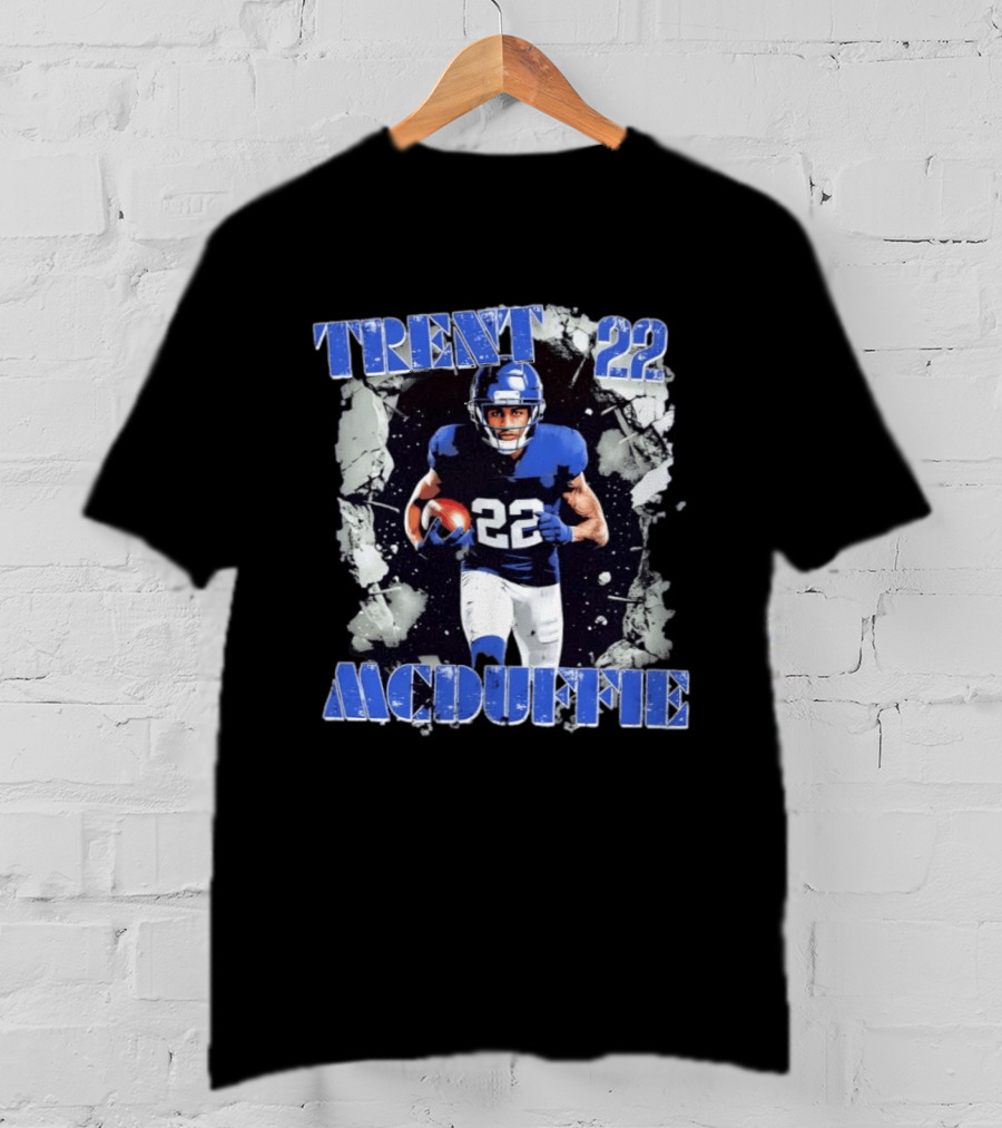 Trent McDuffie 22 Blue Football Player Action Los Angeles Rams Crush T-Shirt