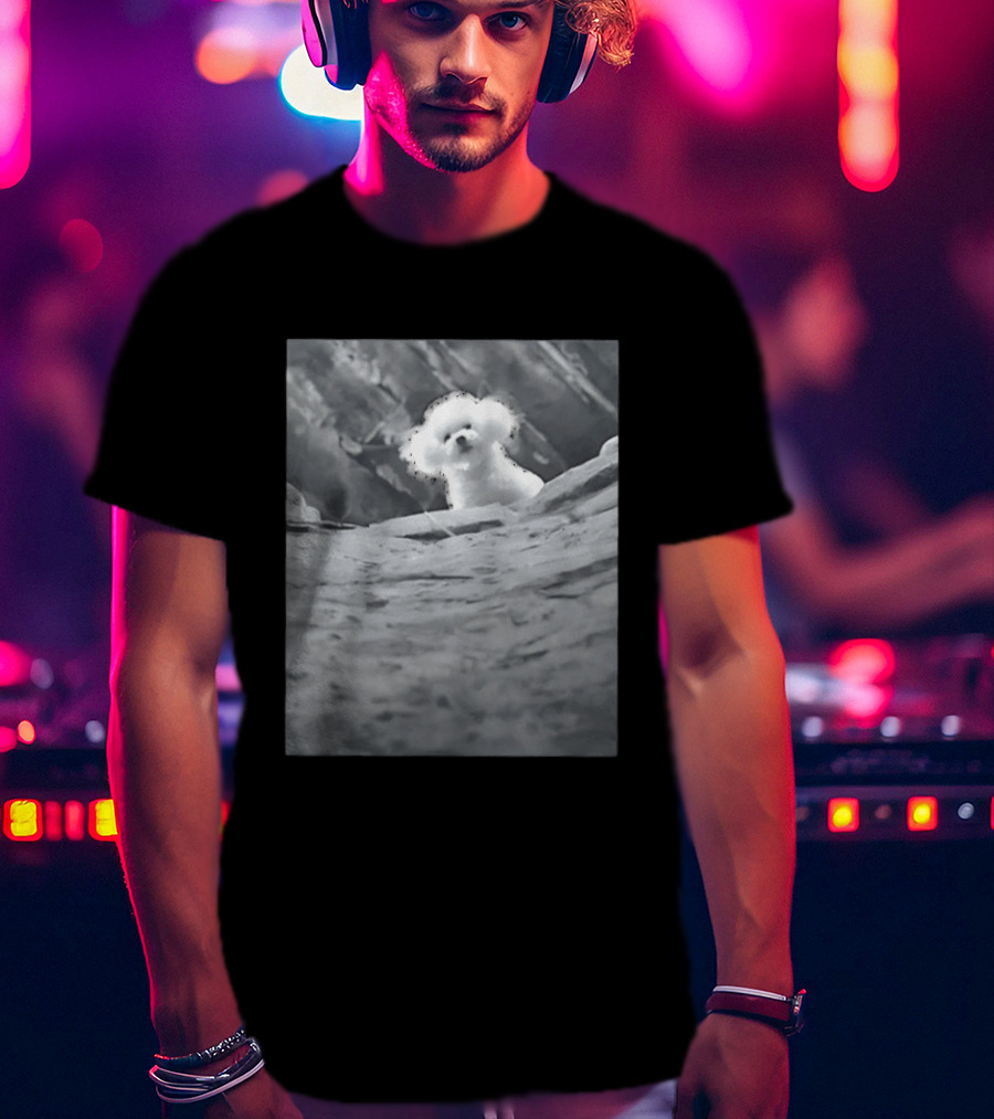 Peeking Fluffy Dog In Rocky Landscape T-Shirt