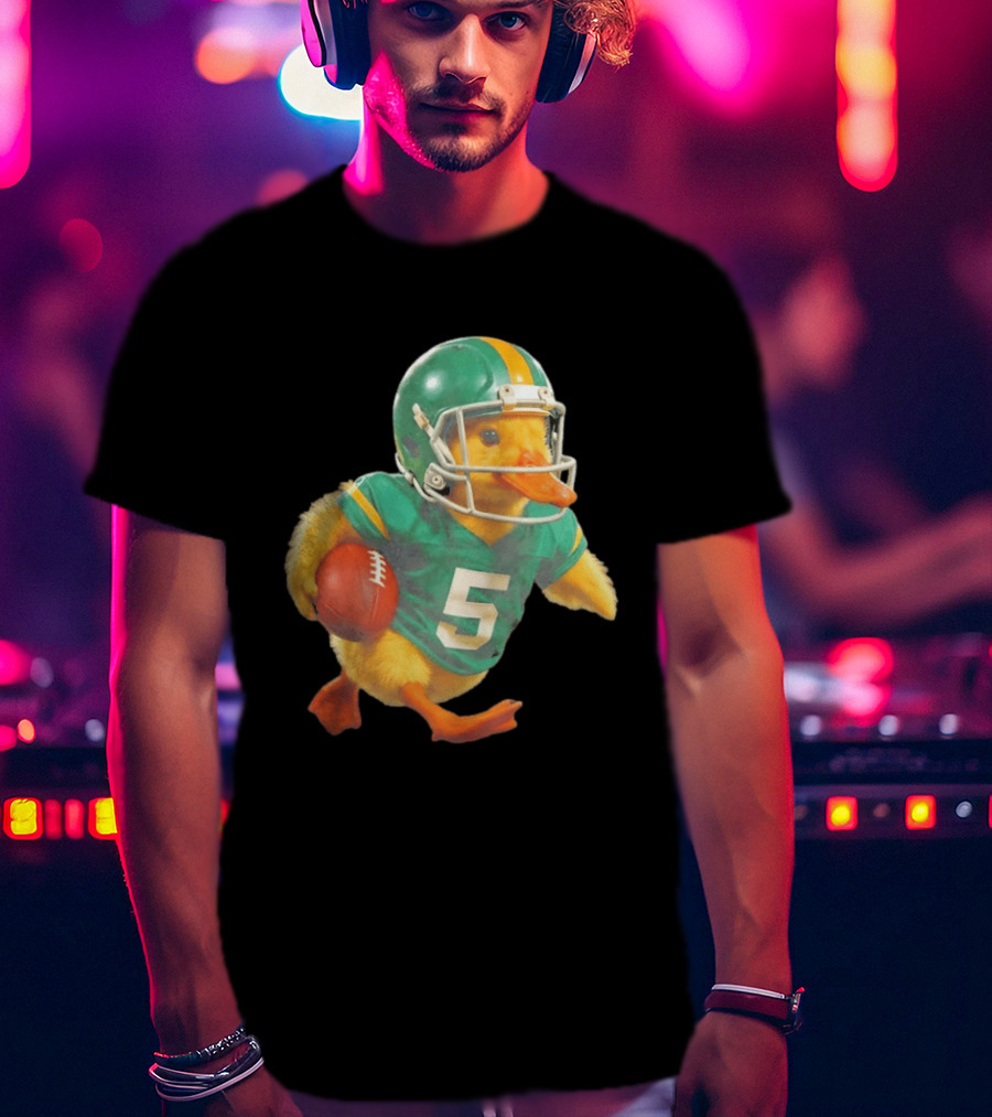 Yellow Duck Number 5 In Green Football Jersey With Helmet And Ball T-Shirt