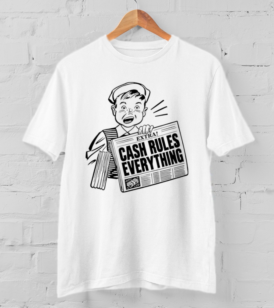 Cash Rules Everything Newspaper Boy Vintage Style Drawing T-Shirt