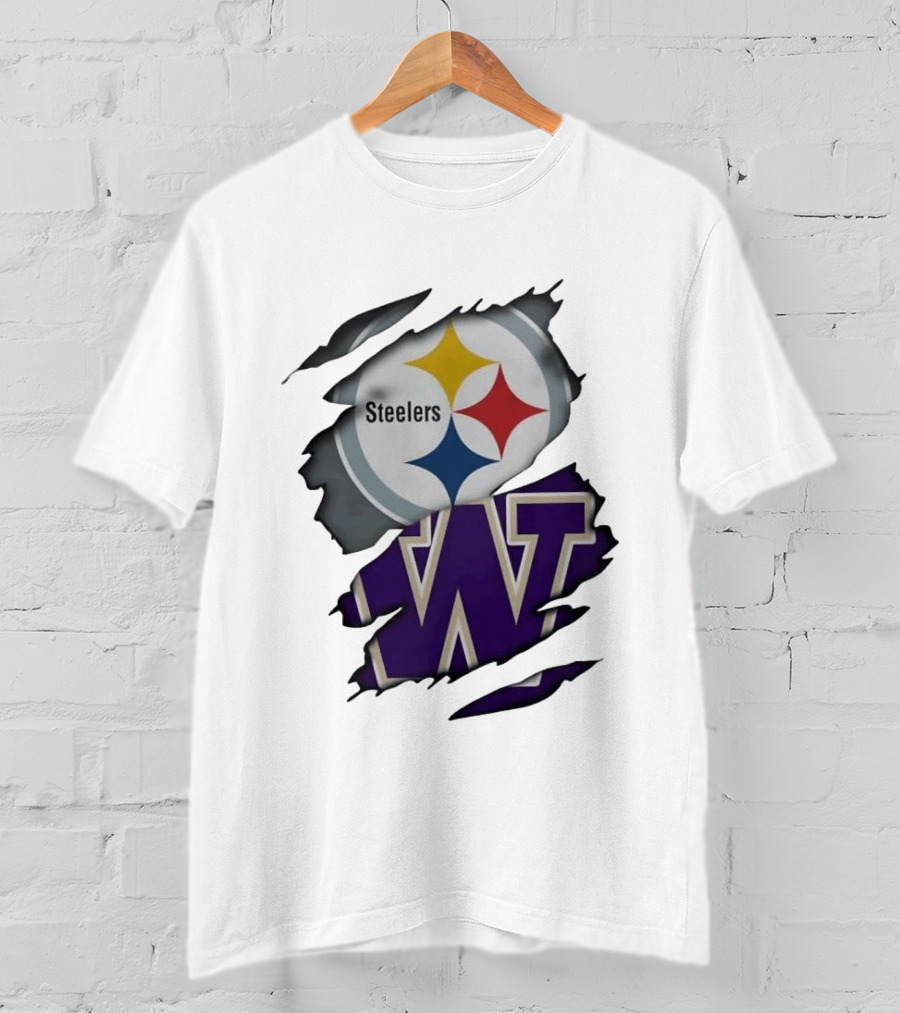 Pittsburgh Steelers Washington Huskies Ripped Logo Collaboration T-Shirt